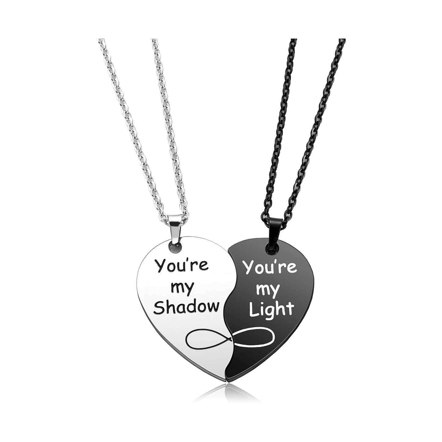 Custom/Non-Custom Personalized Message Yin Yang Stainless Steel Heart Puzzle Pendant Necklaces (non-custom message "You're my Shadow/You're my Light")