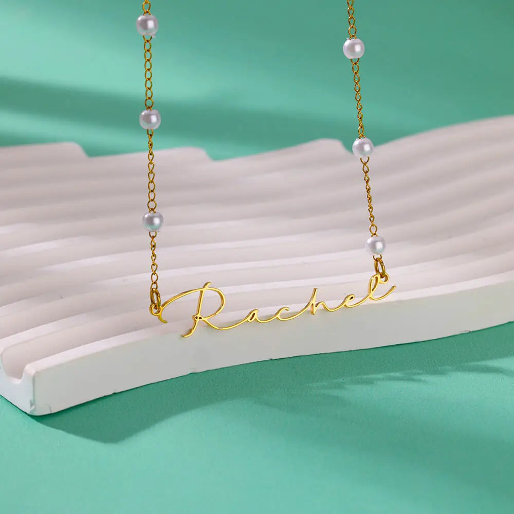 Custom Personalized Name Necklace for Women Stainless Steel Gold/Silver Plated Imitation Pearl Chain