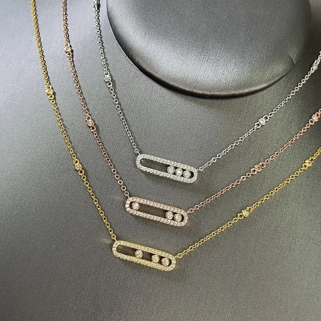 Silver or Gold Three Zircon Balls Moving in Oval Pendant Necklaces for Women