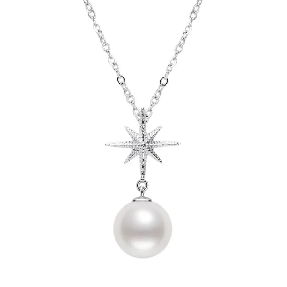 Silver Freshwater Pearl with Diamond Star Pendant Necklace for Women