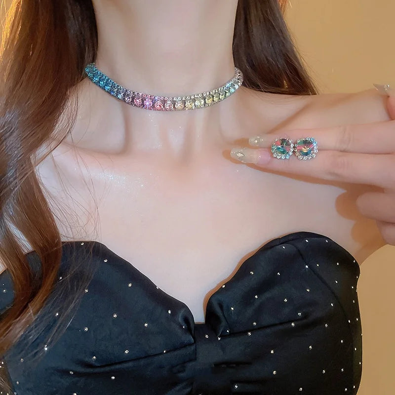 3-Piece Colorful Diamond-Encrusted Necklace and Earrings Jewellery Sets for Women
