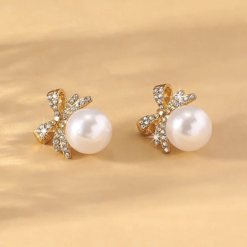 Crystal Diamond Bow Tie Pearl Drop Stud Earrings for Women
