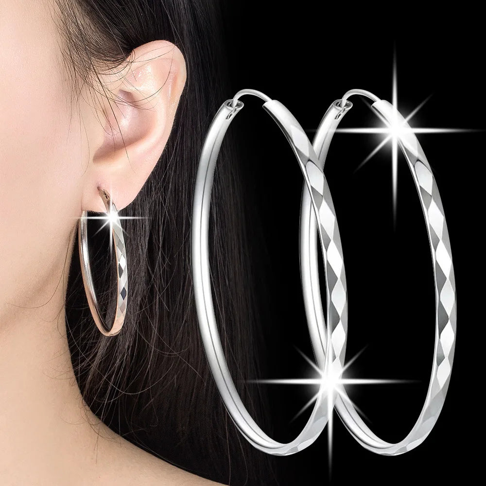 Silver Round Diamond Hoop Earrings for Women