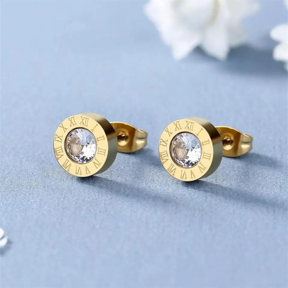 Roman Numerals Detail Rhinestone Stud Earrings for Women