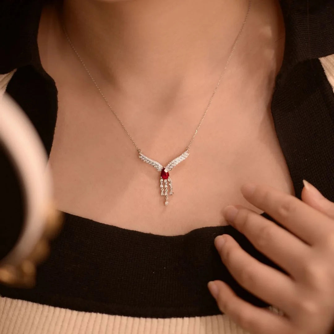Luxurious Red Gemstone with Diamond Zircon Wings Pendant Necklace for Women