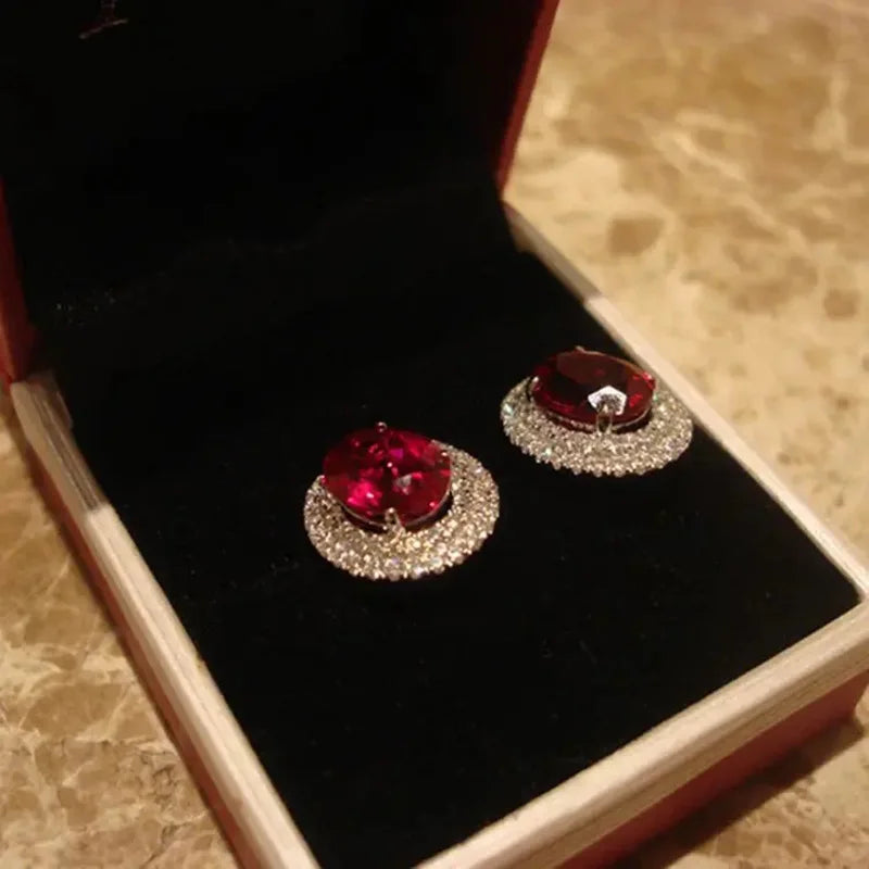 Silver Stud Earrings with Red Stone and Zircon Diamonds for Women