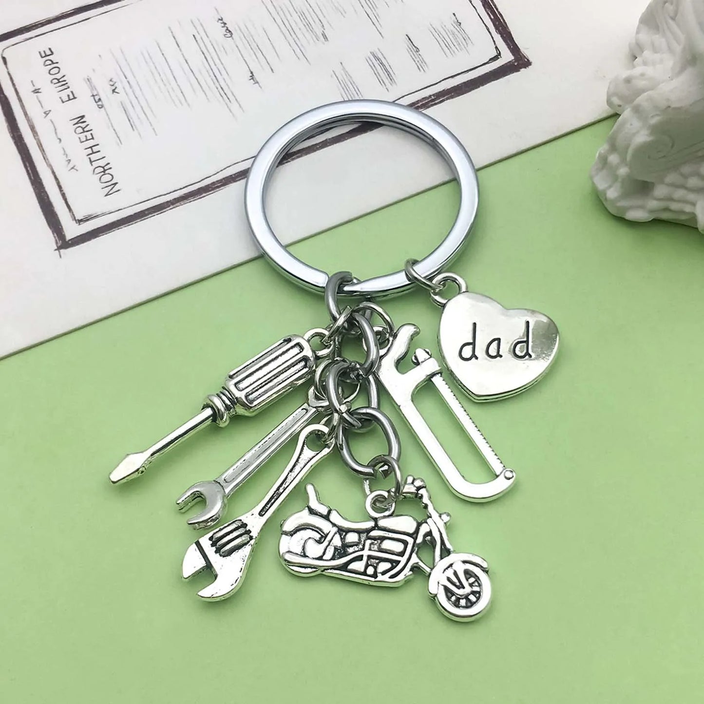 "dad" Engraved Keychain with Screwdriver, Wrenches, Motorcycle, Saw, Heart Charms for Men