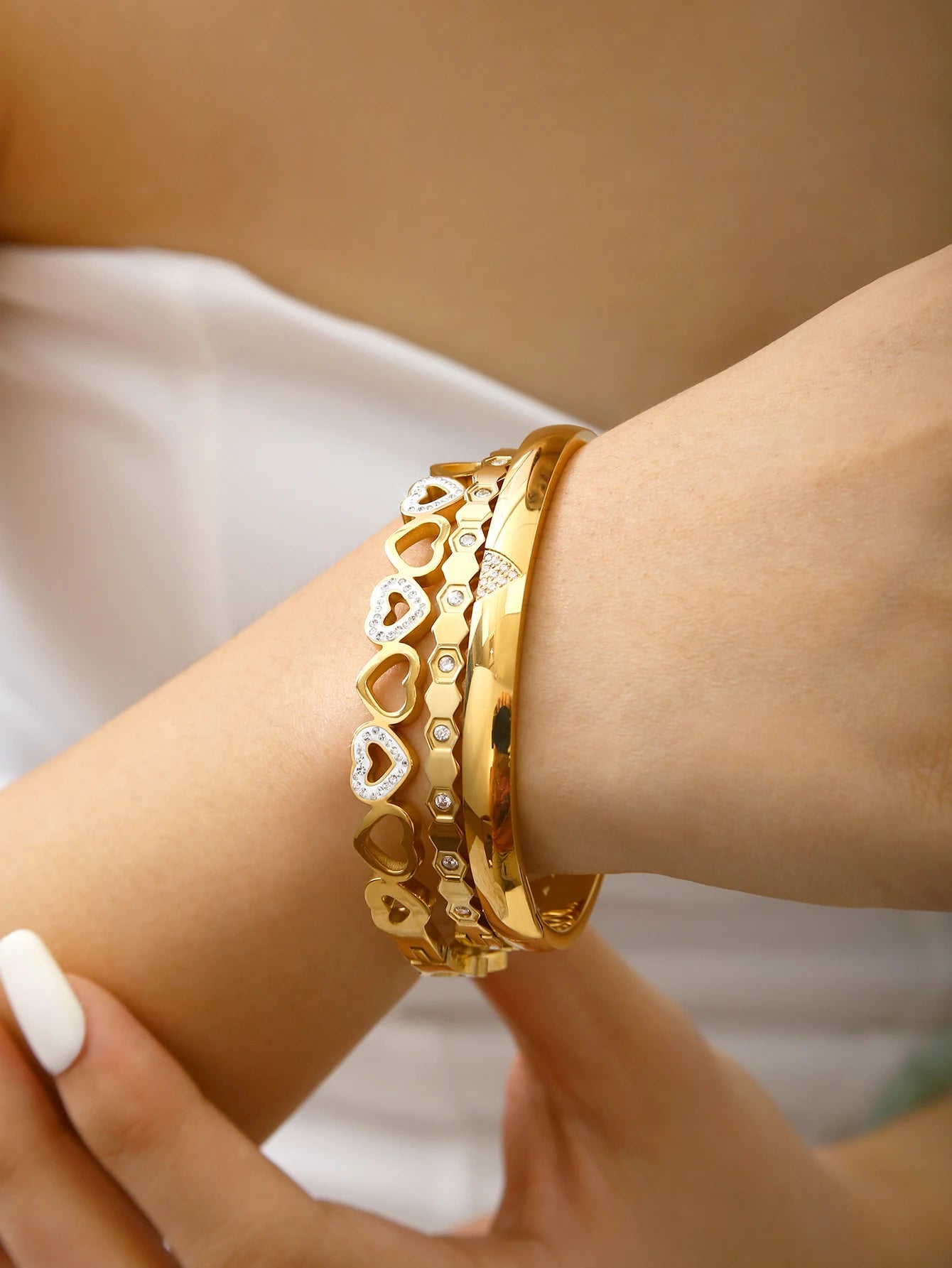 Gold Plated Stainless Steel Diamond-Encrusted Triangle Honeycomb and Heart-Shaped Bangle Bracelets for Women