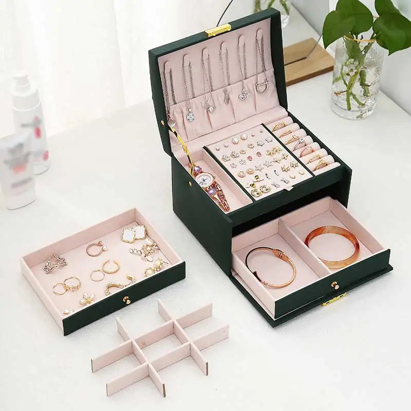 Three Drawer Leather Jewellery Box with Handle and Security Key Lock