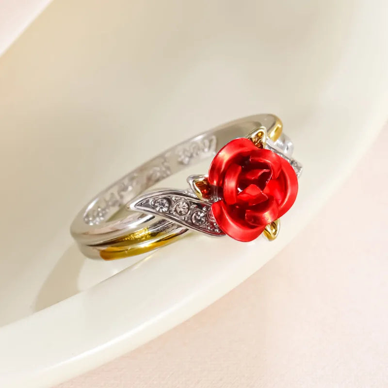 Red Rose Flower with Diamonds Gold/Silver Ring for Women