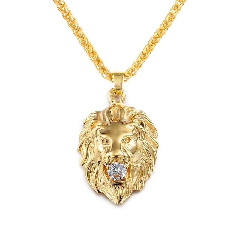 Lion Head with Crystal Stone Pendant Necklace for Men