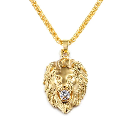 Lion Head with Crystal Stone Pendant Necklace for Men