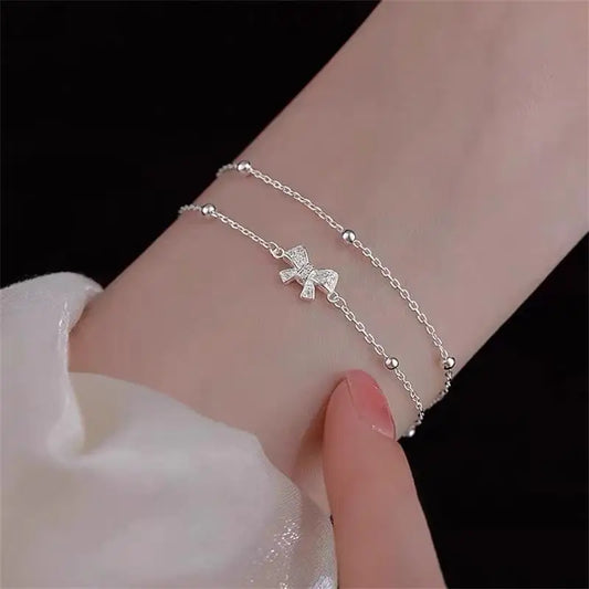 Silver Double-Layer Layered Zircon Bow Tie Charm Bracelet for Women