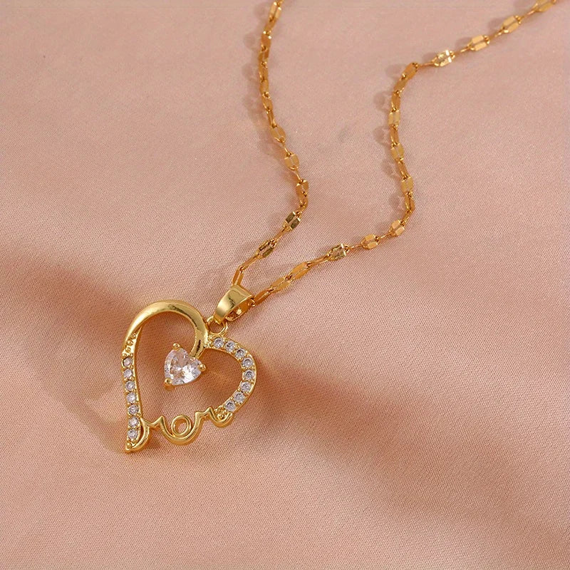 "MOM" Heart with Center Stone Pendant Necklace for Women