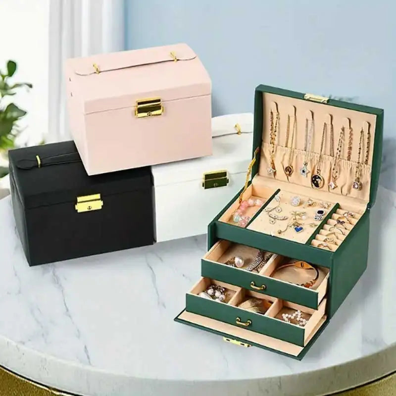 Three Drawer Leather Jewellery Box with Handle and Security Key Lock