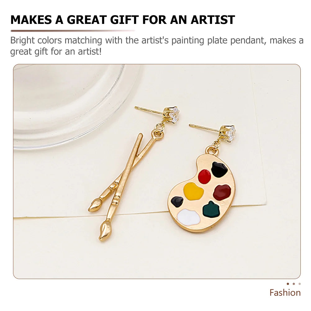 Painter Brush and Palette Drop Artist Earrings with Crystal Stones