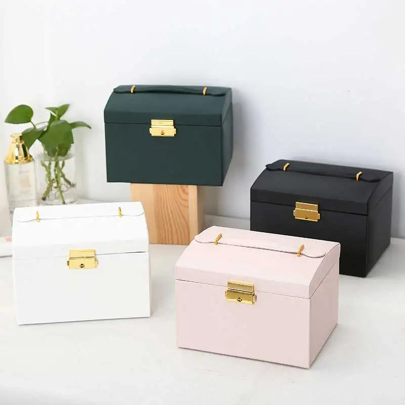Three Drawer Leather Jewellery Box with Handle and Security Key Lock