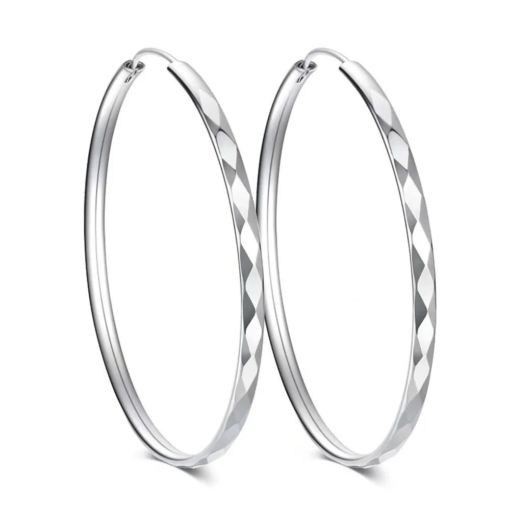 Silver Round Diamond Hoop Earrings for Women