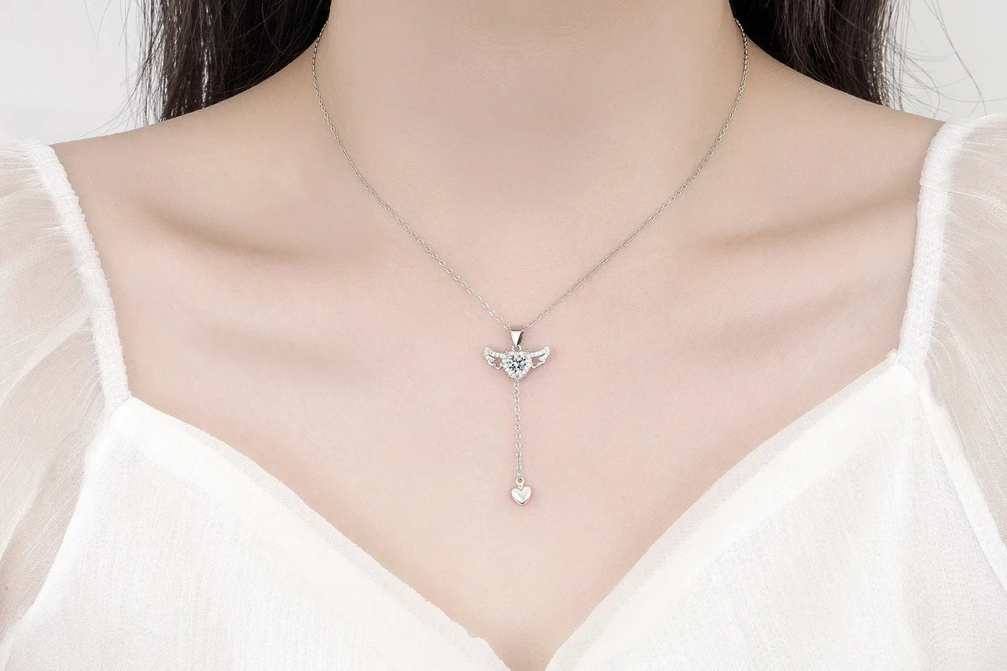 Heart with Angel Wings and Stone Pendant Necklaces for Women