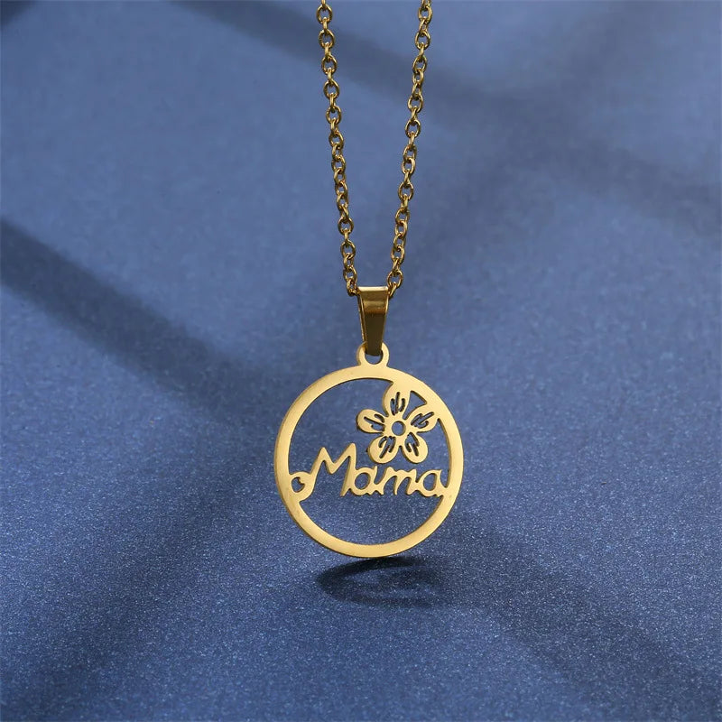 "Mama" Pendant Necklace and Earrings with Flower Set for Women
