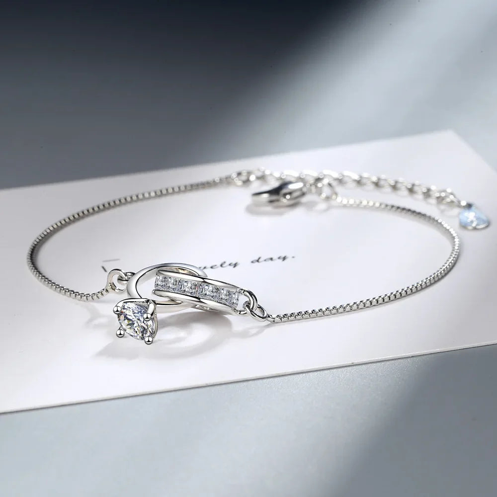 Silver Two Interlocking Circles Zircon Diamond Bracelet for Women