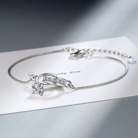 Silver Two Interlocking Circles Zircon Diamond Bracelet for Women