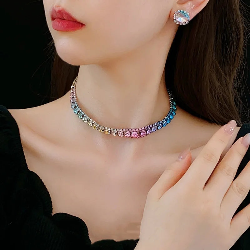 3-Piece Colorful Diamond-Encrusted Necklace and Earrings Jewellery Sets for Women