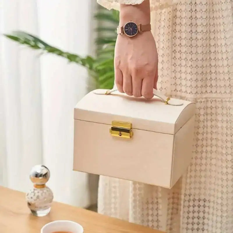 Three Drawer Leather Jewellery Box with Handle and Security Key Lock