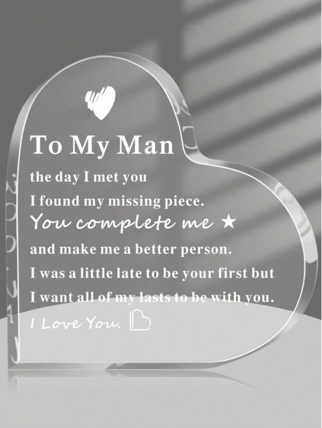 "To My Man" Engraved Heart-Shaped Glass Plaque