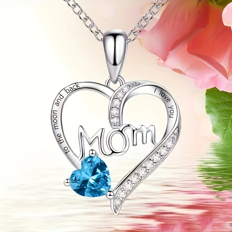 "Mom I Love You to the Moon and Back" Engraved Pendant Necklaces with Colored Heart Stones for Women