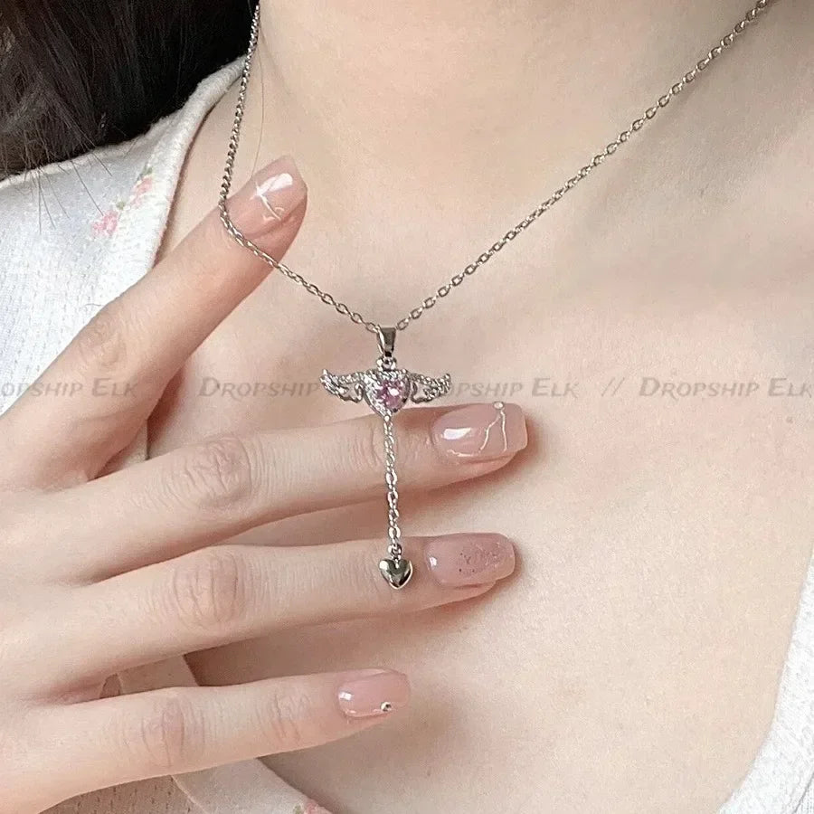 Heart with Angel Wings and Stone Pendant Necklaces for Women