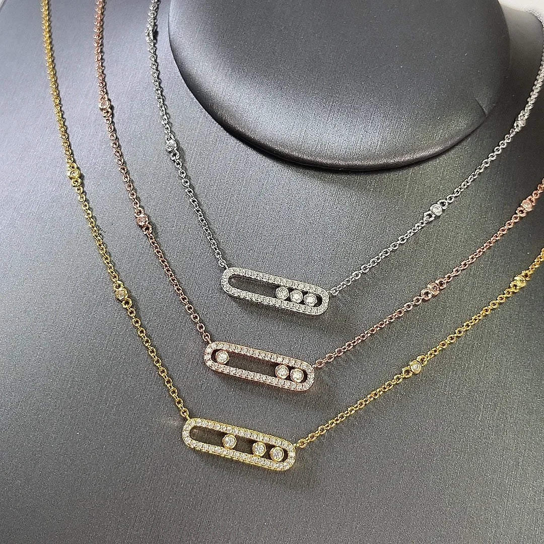 Silver or Gold Three Zircon Balls Moving in Oval Pendant Necklaces for Women