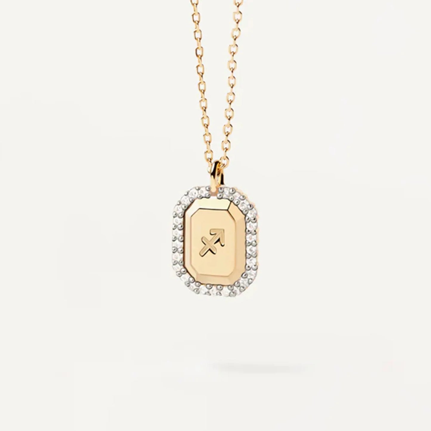 Zodiac Inlaid White Zircon Gold Square Pendant Necklace