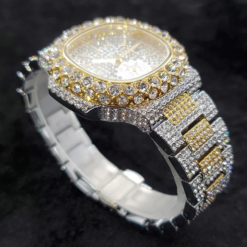 18K Gold Luxury Diamond Quartz Watches for Men with Date Clock