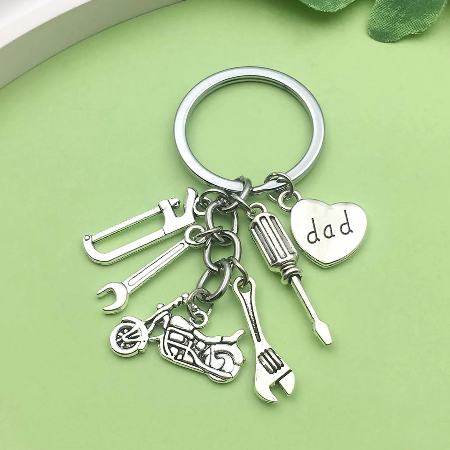 "dad" Engraved Keychain with Screwdriver, Wrenches, Motorcycle, Saw, Heart Charms for Men