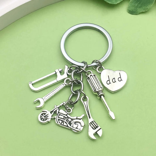 "dad" Engraved Keychain with Screwdriver, Wrenches, Motorcycle, Saw, Heart Charms for Men