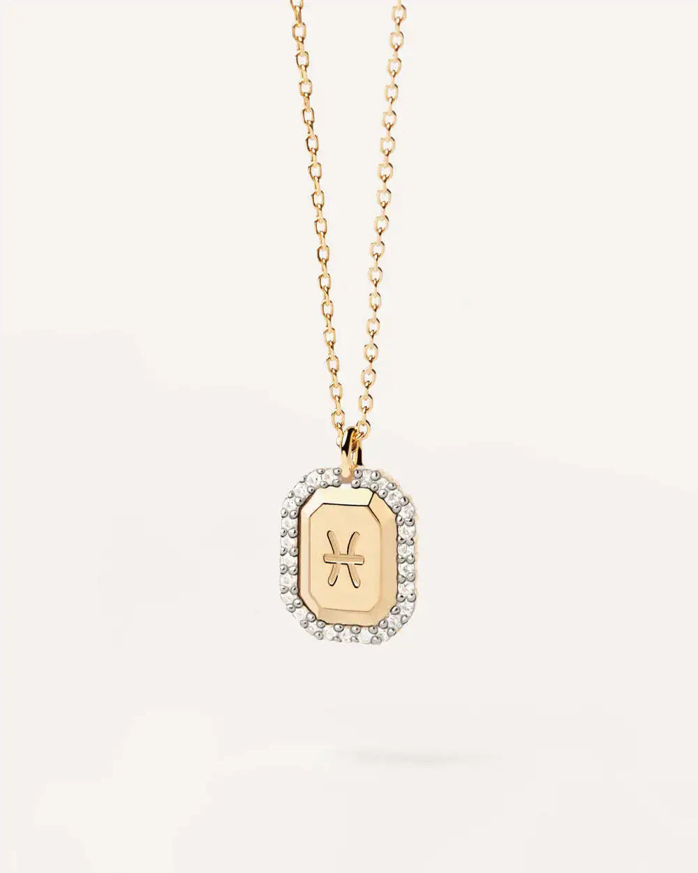 Zodiac Inlaid White Zircon Gold Square Pendant Necklace