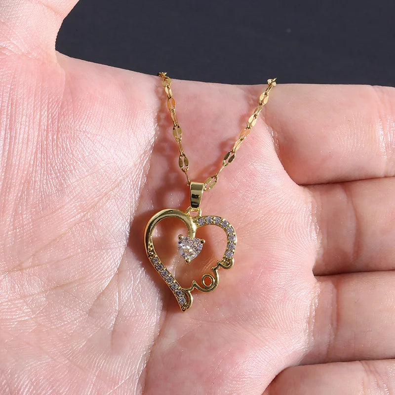 "MOM" Heart with Center Stone Pendant Necklace for Women