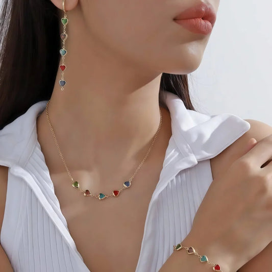 4Pcs Necklace, Bracelet and Earrings with Heart Shaped Colored Stones Jewellery Set