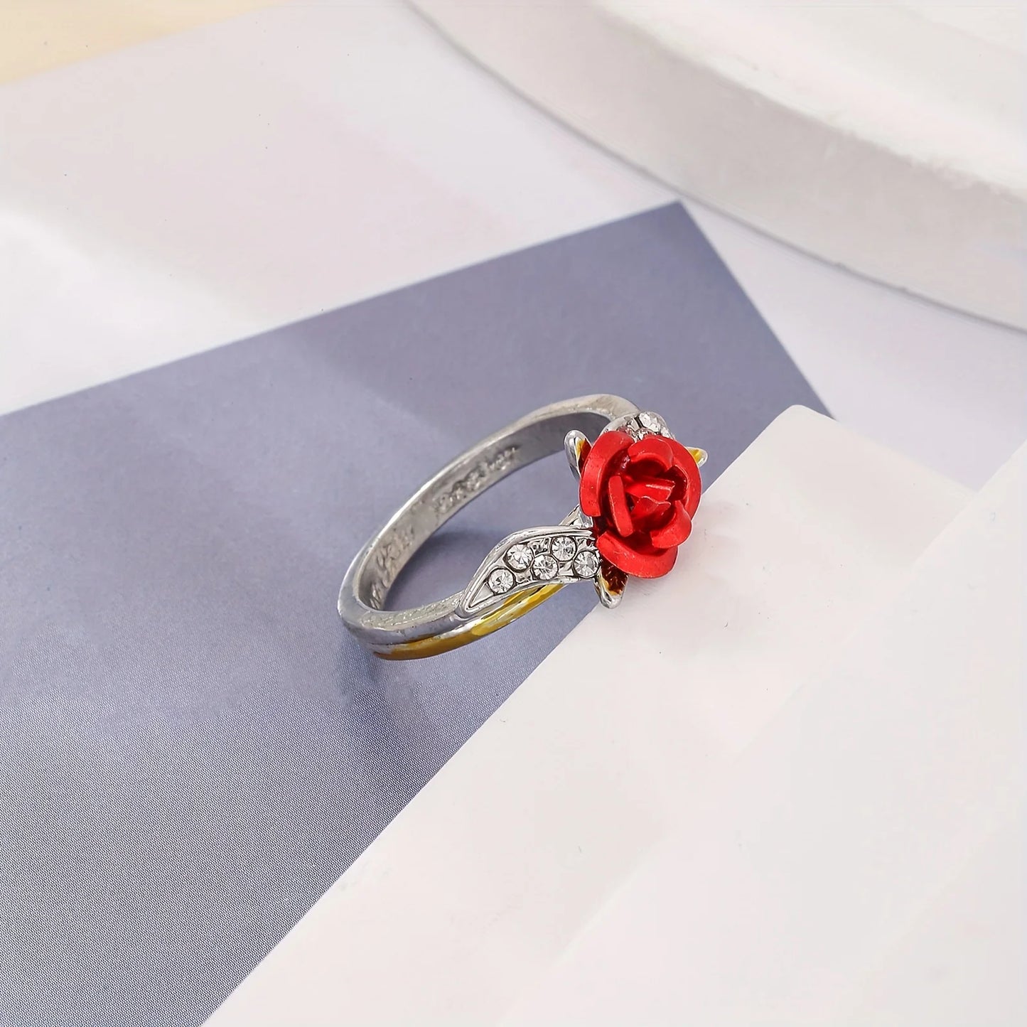 Red Rose Flower with Diamonds Gold/Silver Ring for Women