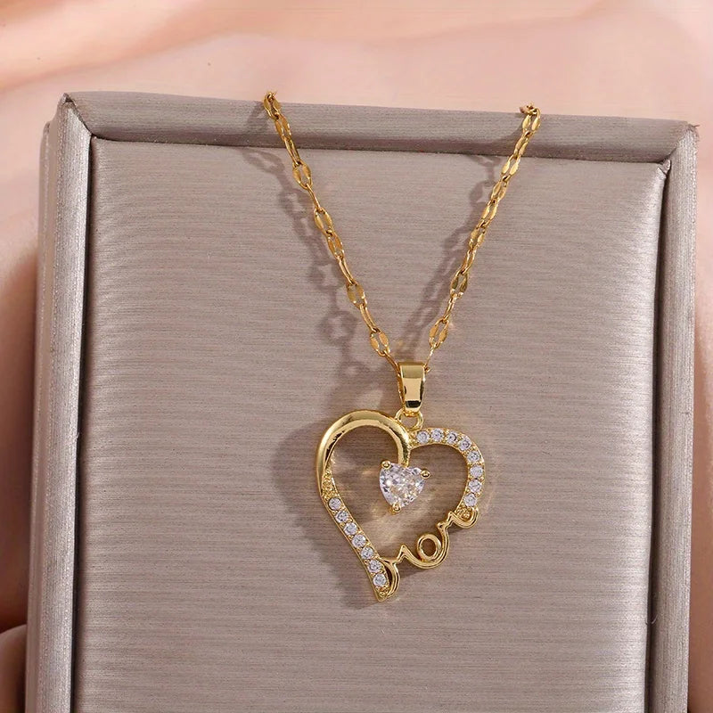 "MOM" Heart with Center Stone Pendant Necklace for Women