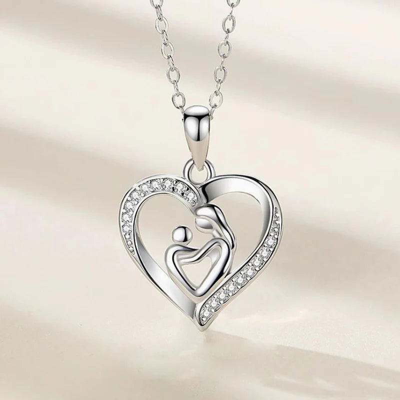 Mother and Child in Zircon Heart Pendant Necklace for Women