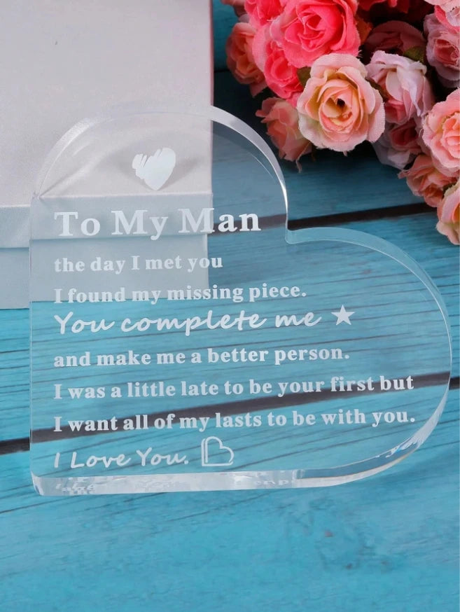 "To My Man" Engraved Heart-Shaped Glass Plaque