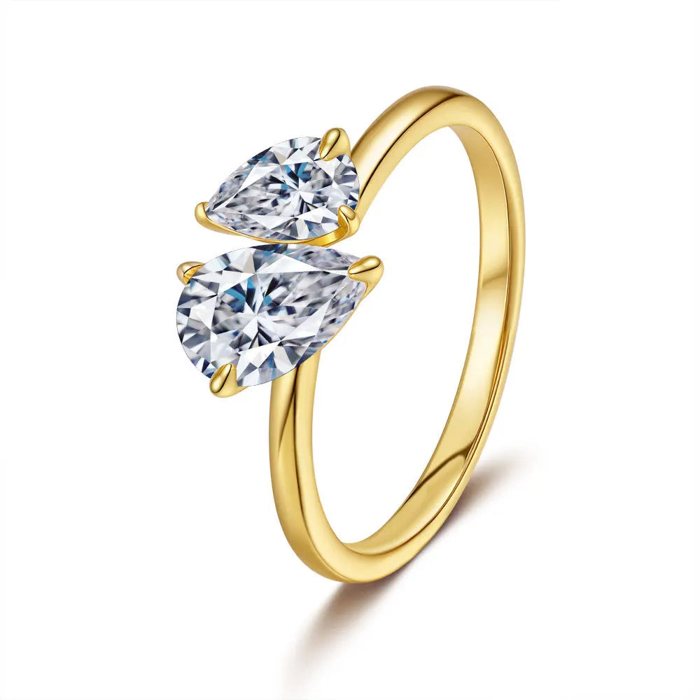18K Gold Double Water Drop Diamond Ring for Women