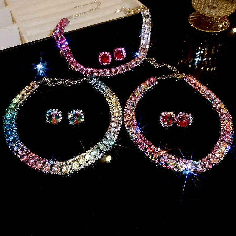 3-Piece Colorful Diamond-Encrusted Necklace and Earrings Jewellery Sets for Women
