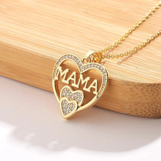 "MAMA" Zircon Heart with Two Tiny Hearts Pendant Necklace for Women