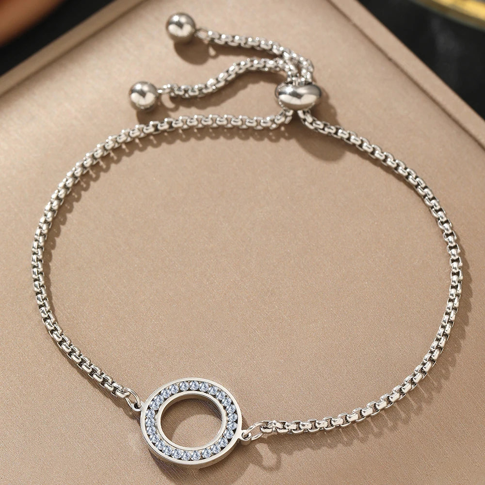 Stainless Steel Diamond Circle Charm Bracelet for Women