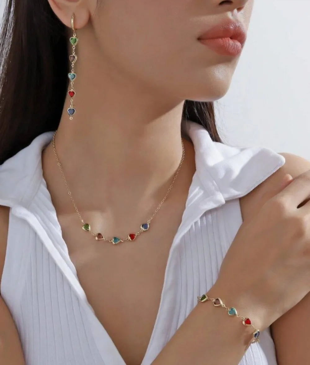 4Pcs Necklace, Bracelet and Earrings with Heart Shaped Colored Stones Jewellery Set