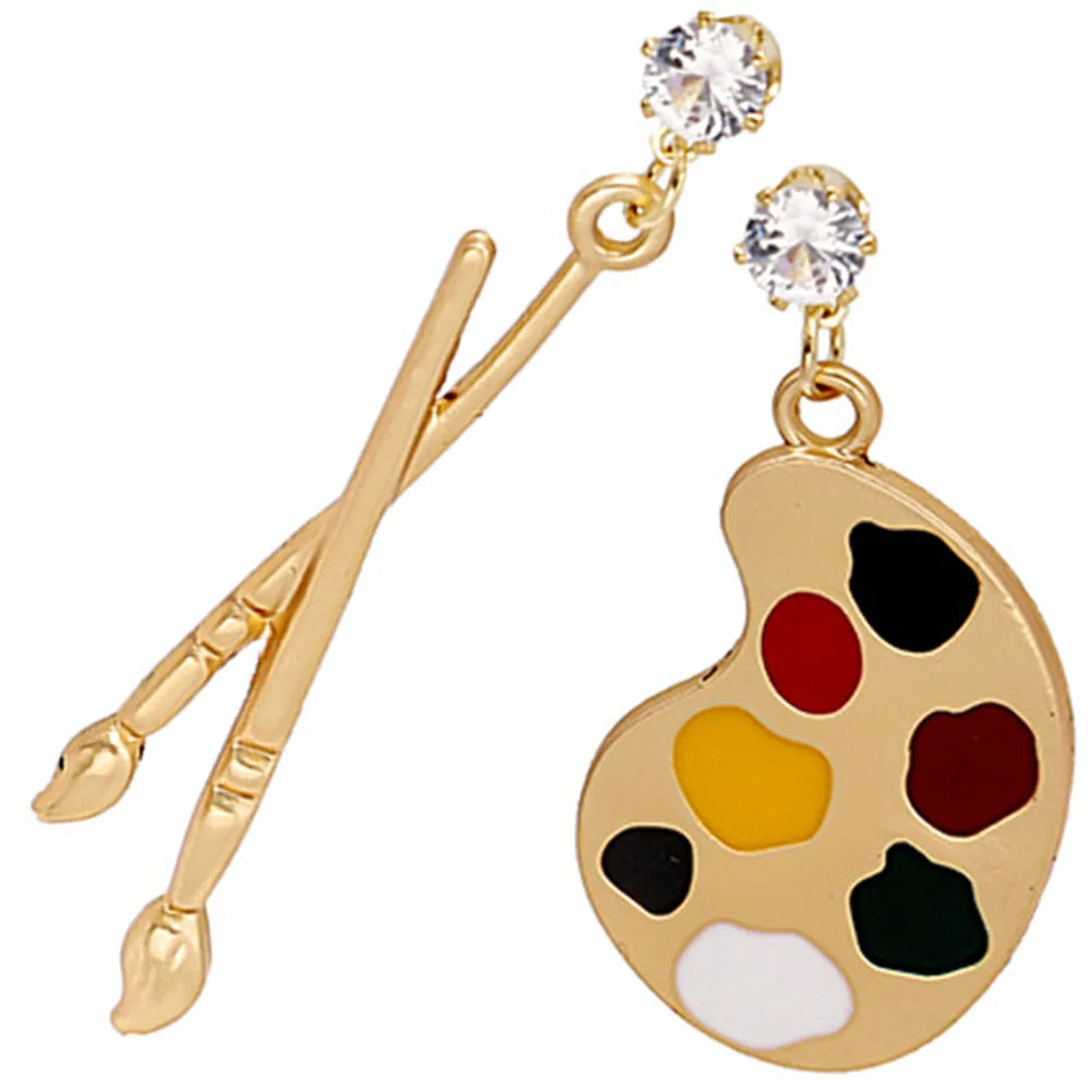 Painter Brush and Palette Drop Artist Earrings with Crystal Stones