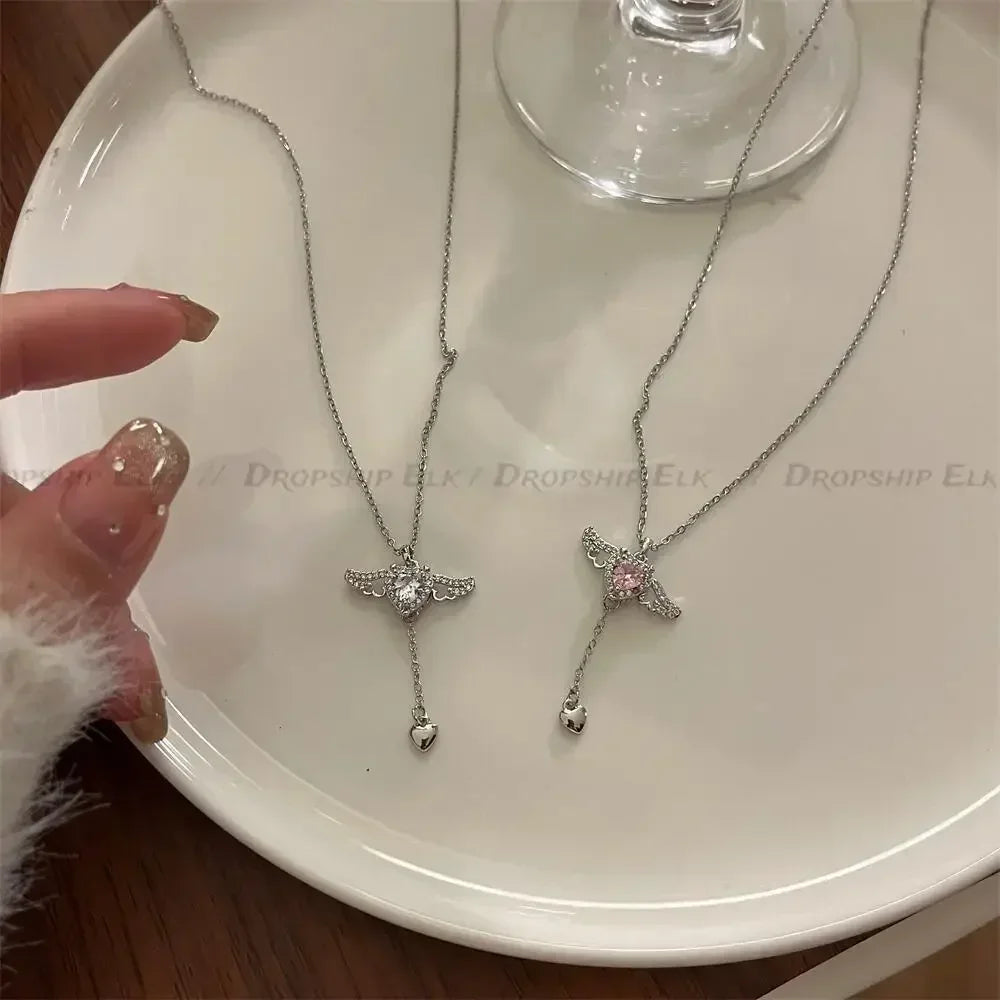 Heart with Angel Wings and Stone Pendant Necklaces for Women